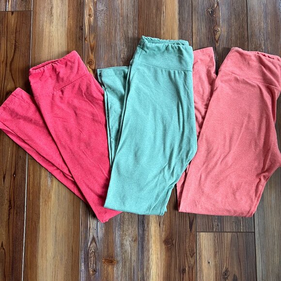 LuLaRoe 3 Pack Stretch Leggings in Pink, Mint Green and Light Orange.  Size OS - Picture 1 of 7